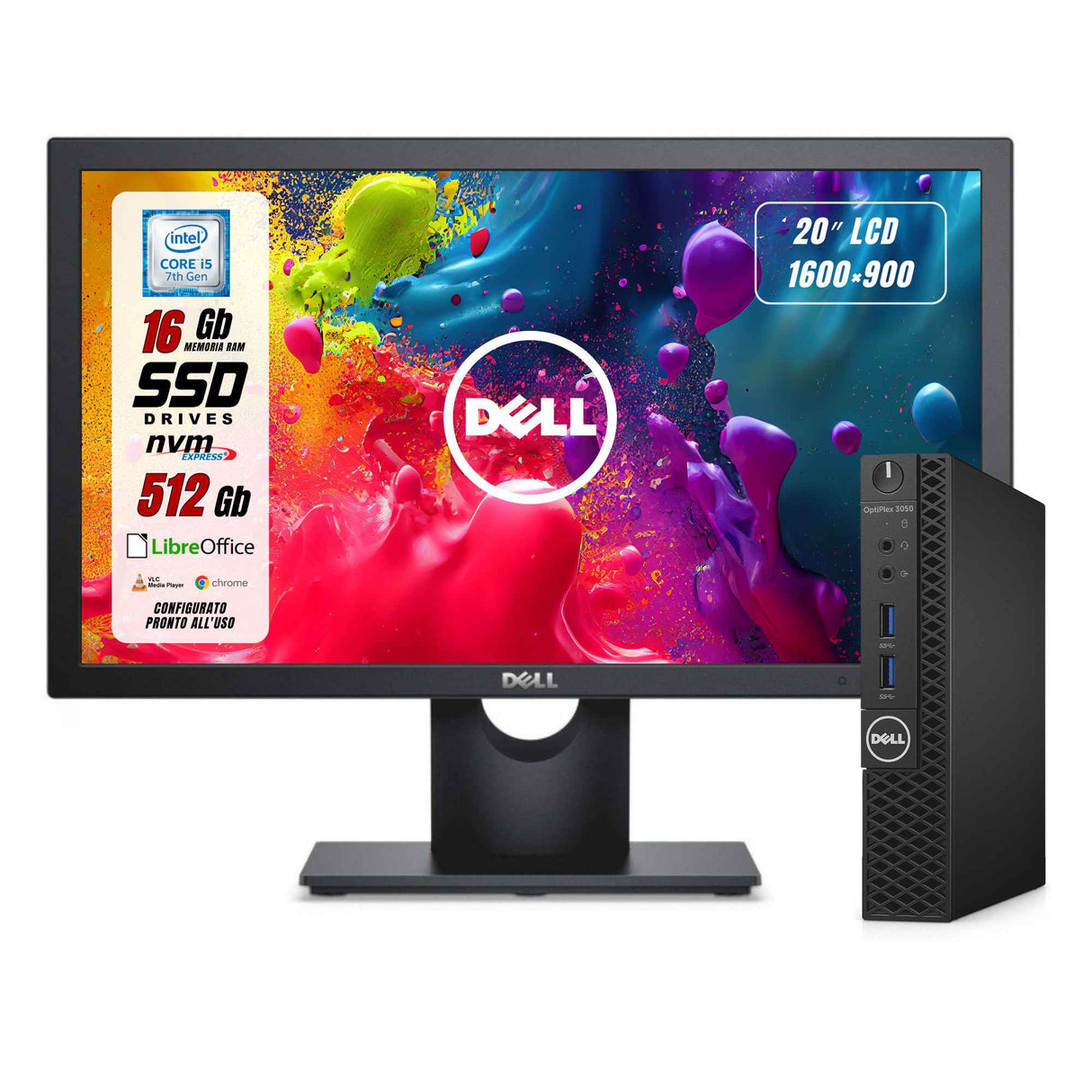 Dell 3050 Micro i5-7500T 16Gb SSD 512Gb Win 10 Libre + Monitor Dell E2016H 20"