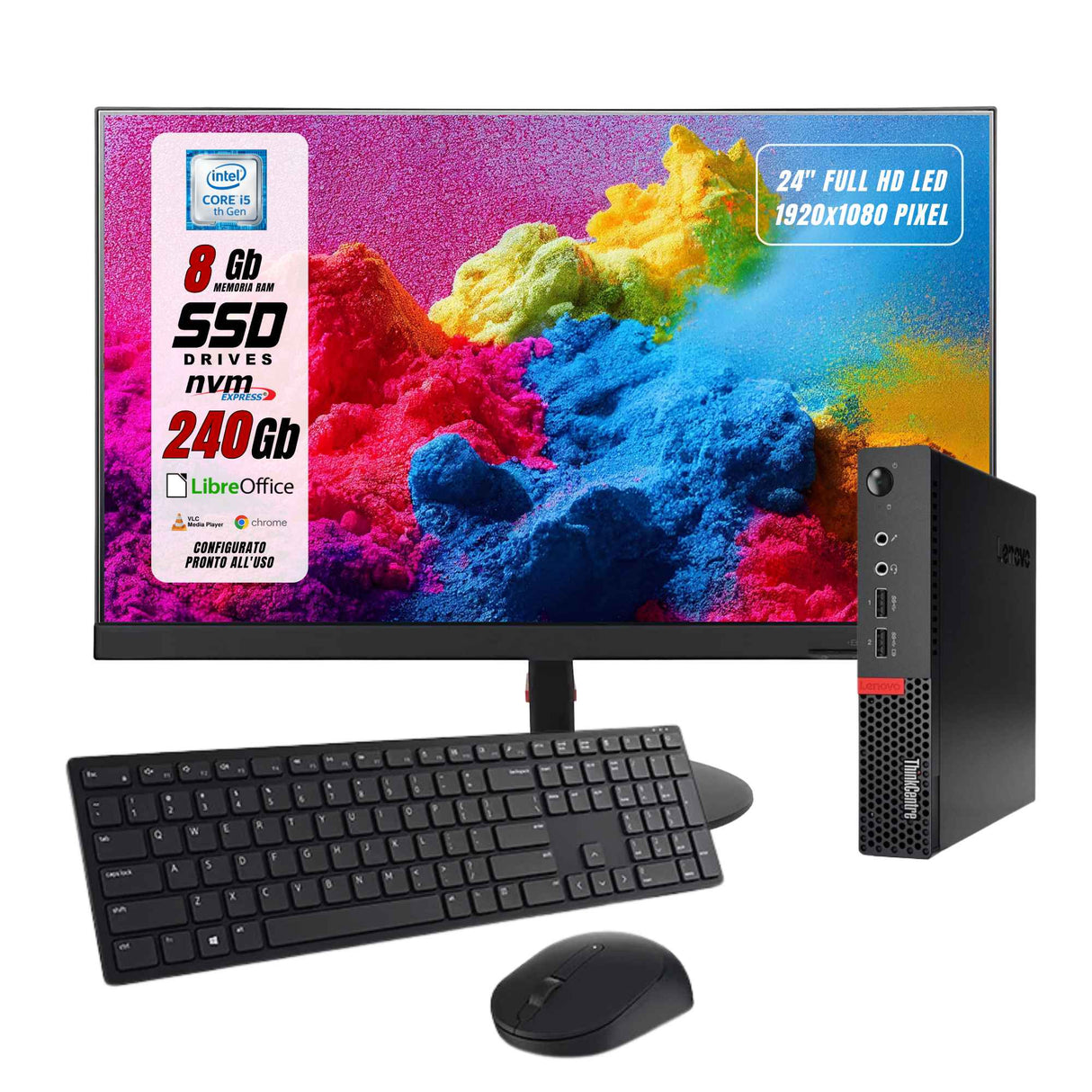 PC Computer Desktop Fisso Lenovo M710Q Intel i7-6700 Ram 8GB SSD 256GB , Monitor 24" Win 10 Pro + Mouse e tastiera