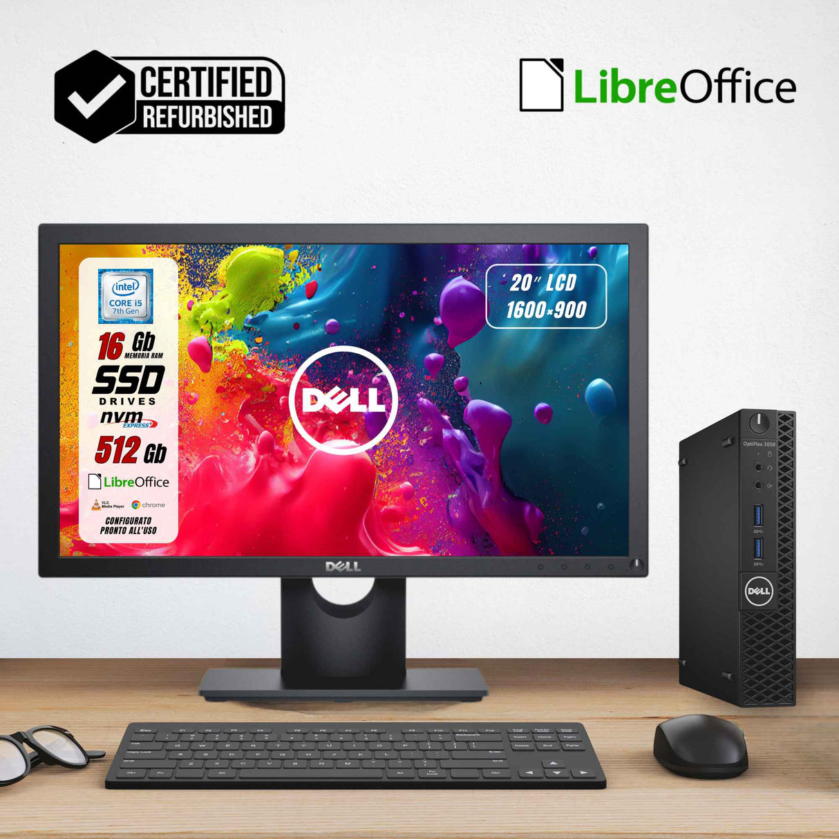 Dell 3050 Micro i5-7500T 16Gb SSD 512Gb Win 10 Libre + Monitor Dell E2016H 20"