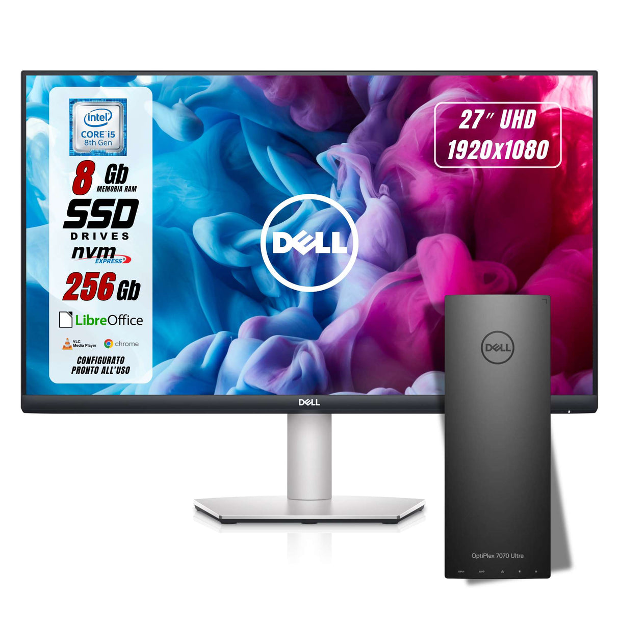 DELL 7070 Ultra i5-8265u Ram 8Gb SSD 256Gb Win 11 Libre + MONITOR 27" FHD + Mouse Tastiera