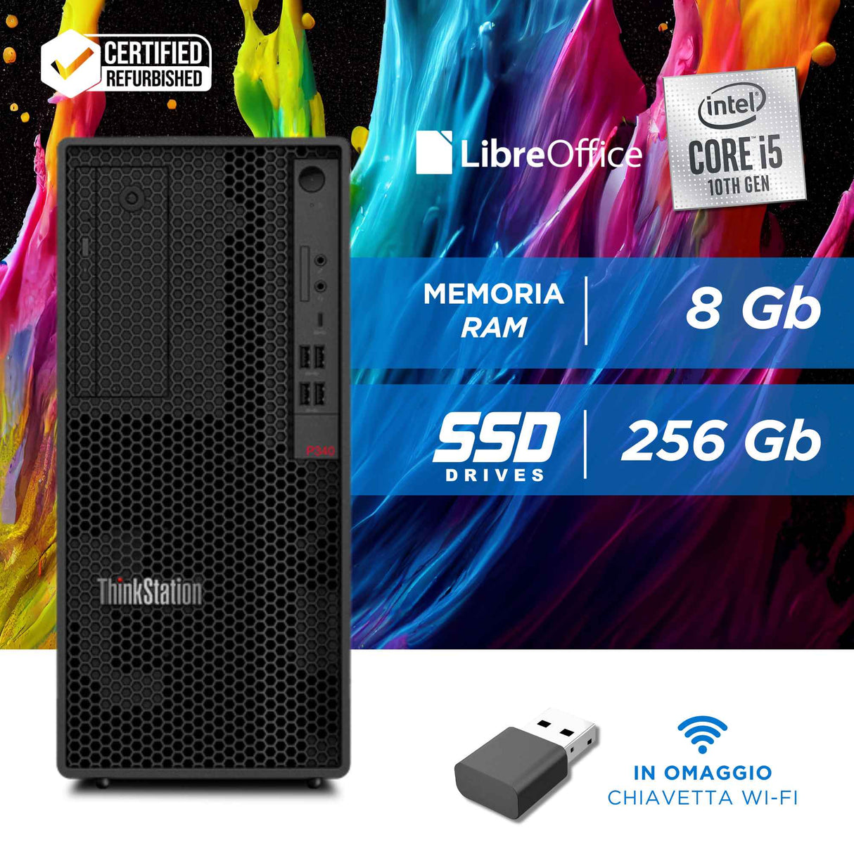 NJQ - POSTAZIONE COMPLETA LENOVO P340 I5 10Th Ram 8Gb SSD 256Gb GPU P400 2Gb + MONITOR 24" FHD + Mouse Tastiera