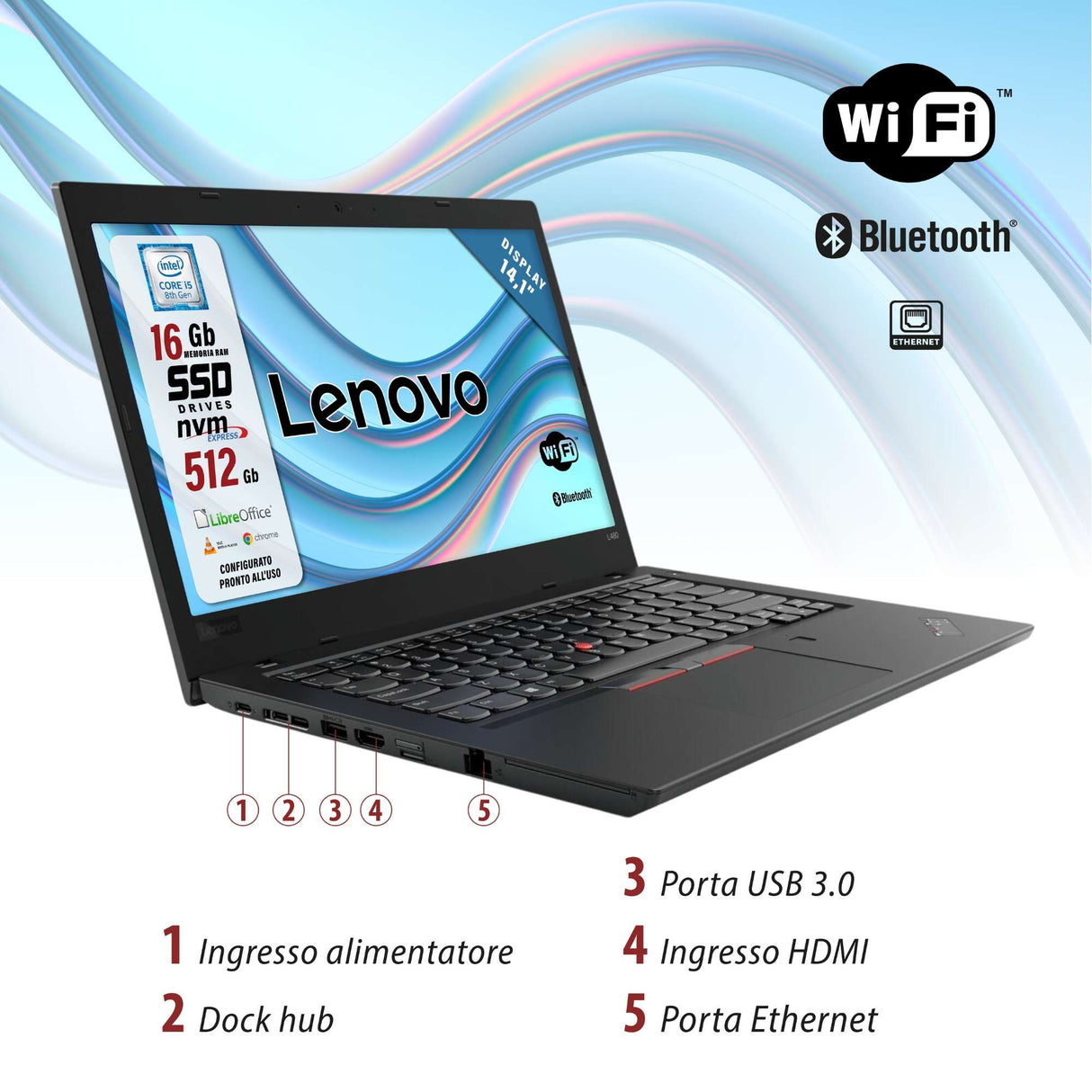 Notebook Pc Portatile Lenovo ThinkPad T480 i5-8250U 14,1" Ram 16GB 512GB SSD Win 10 Pro