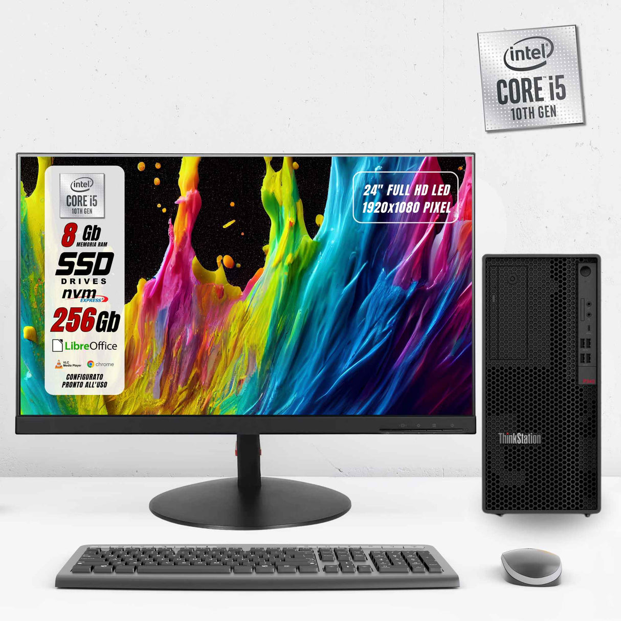 NJQ - POSTAZIONE COMPLETA LENOVO P340 I5 10Th Ram 8Gb SSD 256Gb GPU P400 2Gb + MONITOR 24" FHD + Mouse Tastiera