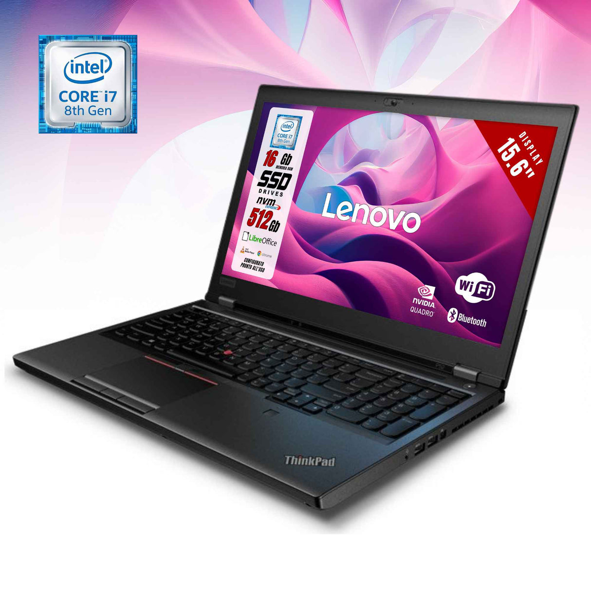 Notebook Pc Portatile Lenovo P52 15.6" I7-8750H 16Gb 512Gb P1000 Quadro W11 Libre ricondizionato