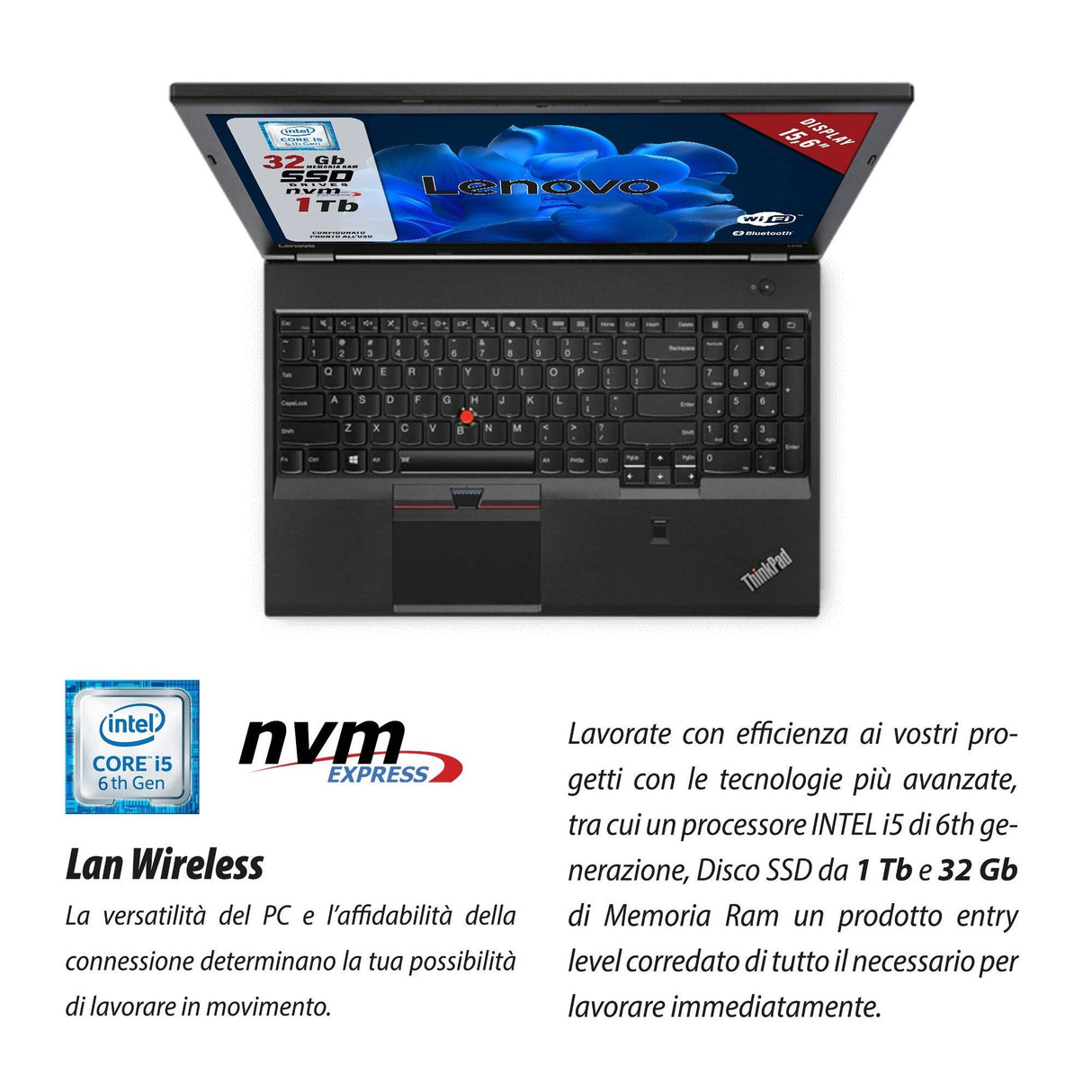 Notebook Pc Portatile Lenovo ThinkPad L570 i5-7200U 15,6" Ram 32GB 1TB SSD Win 10 Pro