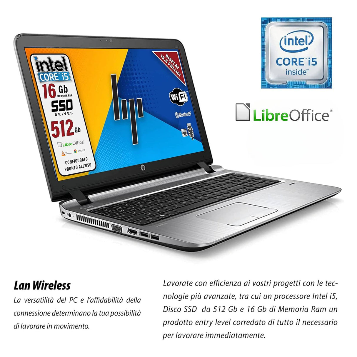 Notebook Pc Portatile HP Probook 450 G3 i5-6200U 15,6" Ram 16GB 512GB SSD Win 10 Pro