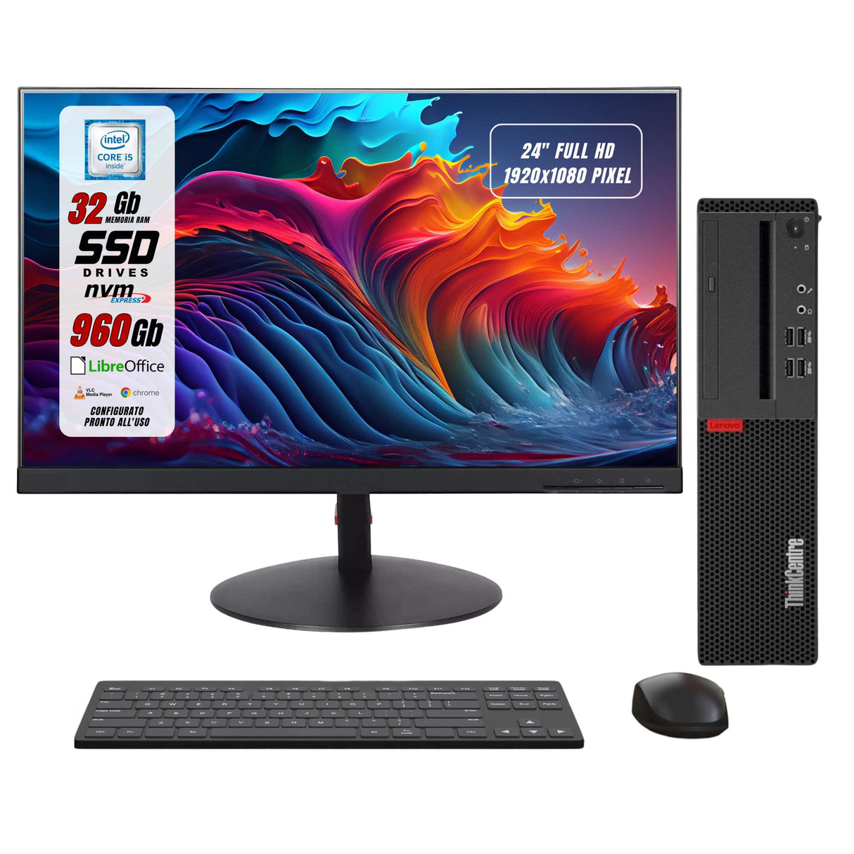 PC Computer Desktop Fisso Lenovo M910s SFF I5-6500 Ram 32Gb SSD 1000Gb + Monitor 24" FHD + Mouse +Tastiera