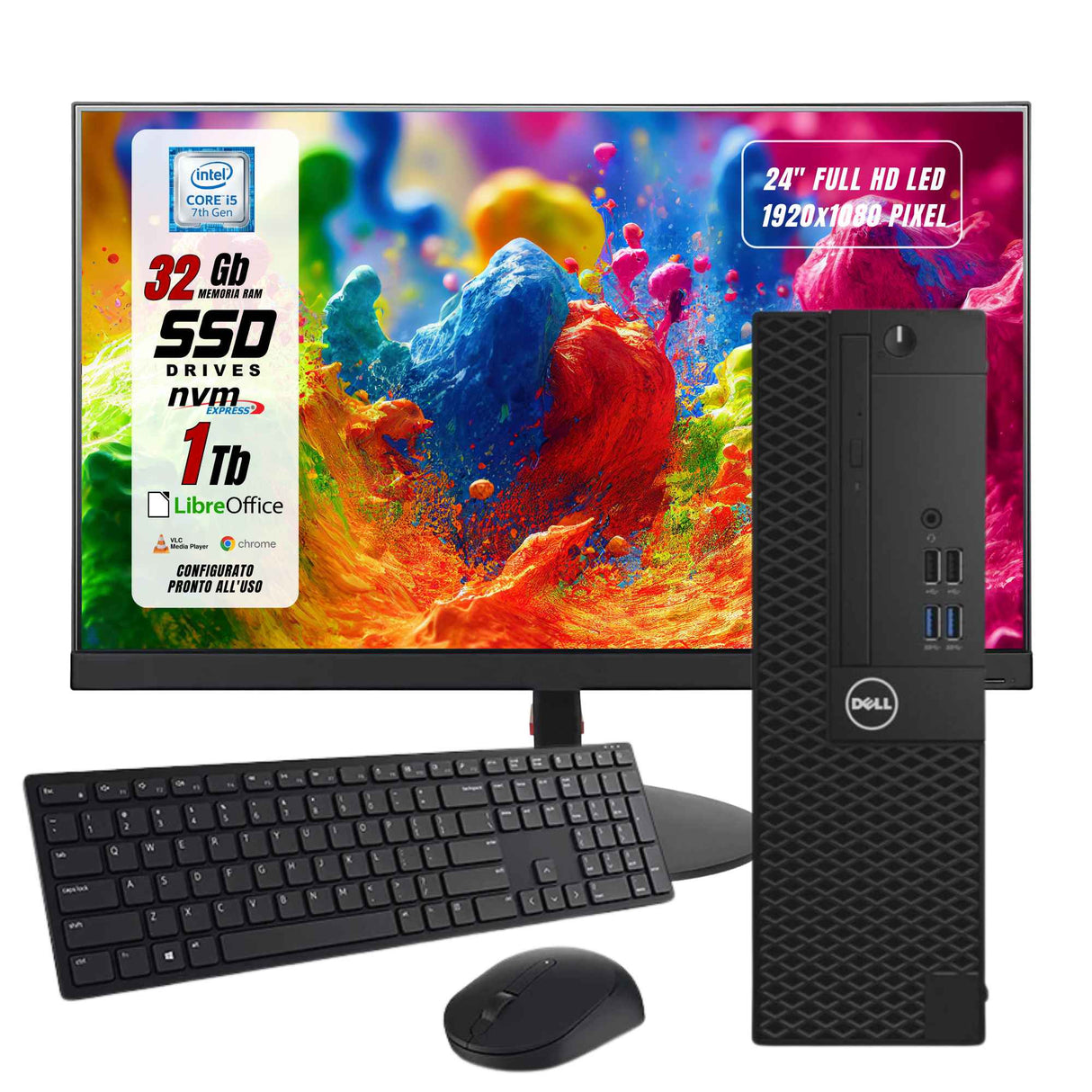 PC Computer Desktop Fisso Dell SFF i5-7500 Ram 32GB SSD 1TB Win 10 Pro Monitor 24" FHD + Mouse + Tastiera
