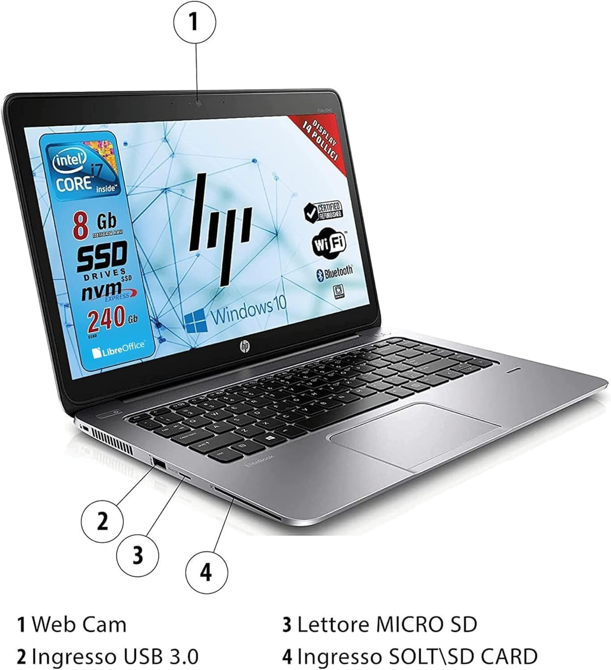 Notebook PC Portatile HP Elitebook 1040 Folio G1 i7-4600U 14,1" Ram 8Gb SSD 256Gb Win 10 Pro