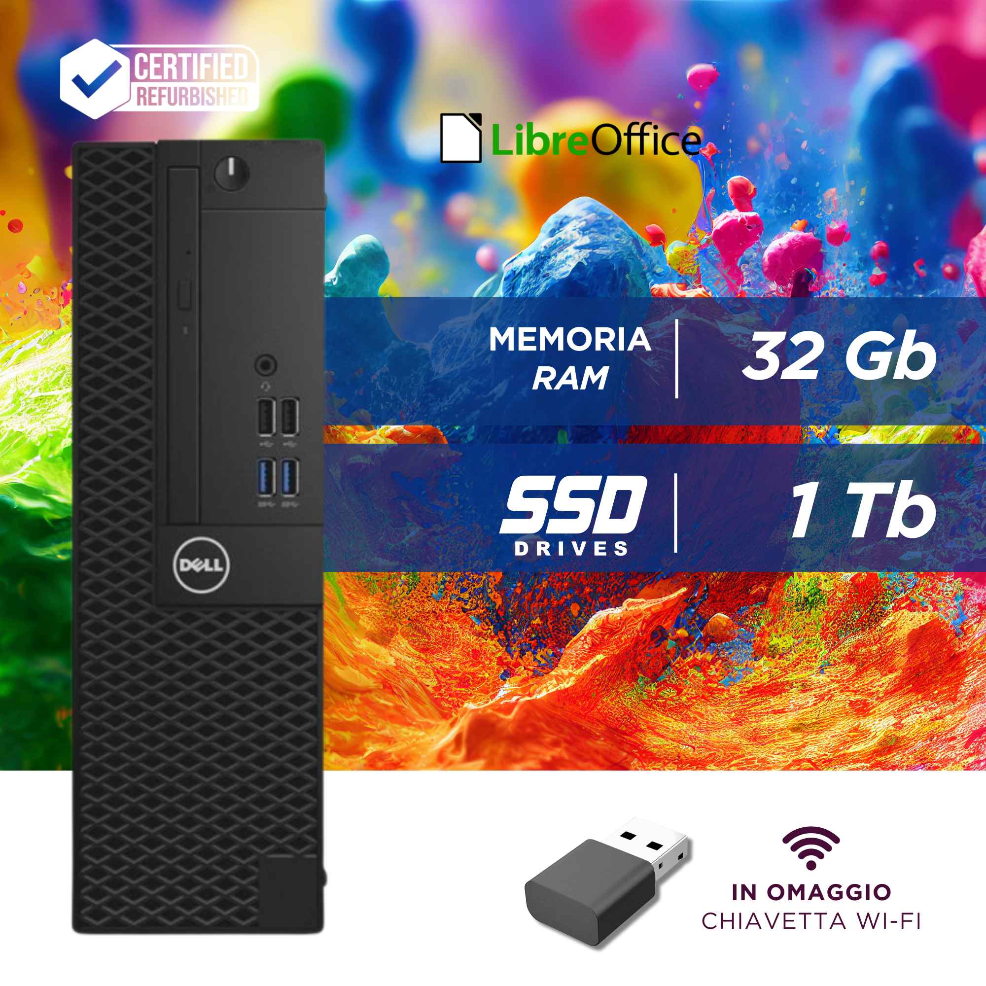 PC Computer Desktop Fisso Dell SFF i5-7500 Ram 32GB SSD 1TB Win 10 Pro Monitor 24" FHD + Mouse + Tastiera