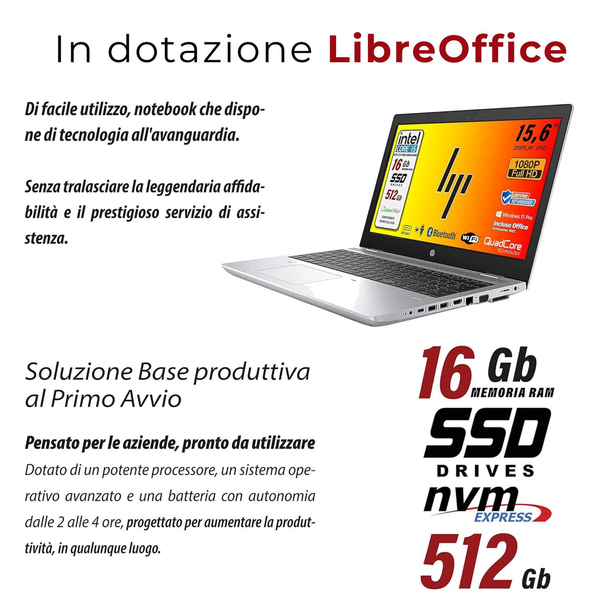 Notebook Pc Portatile HP Probook 650 G4 i5-8350 15,6" Ram 16GB 512GB SSD Win 11 Pro