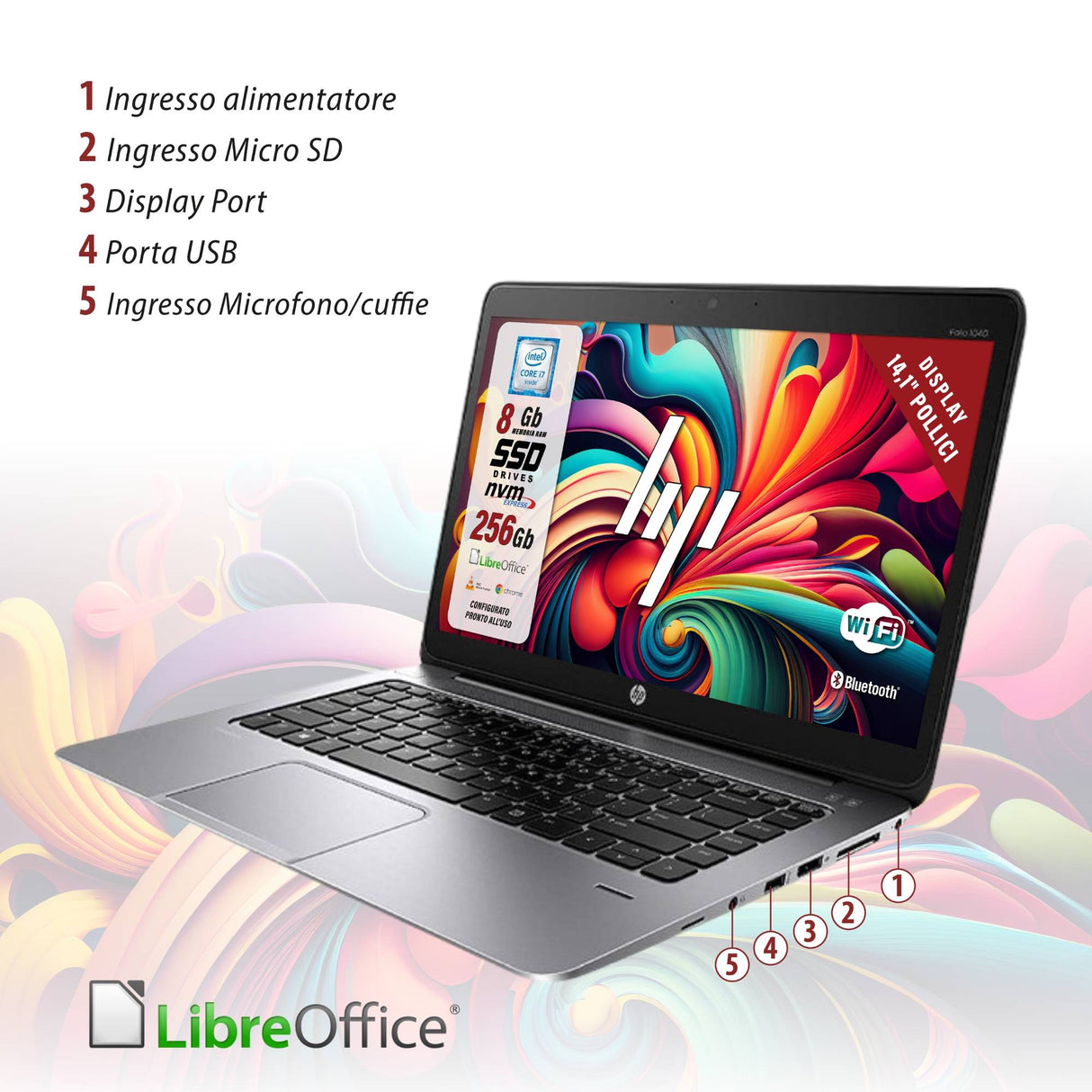 Notebook Pc Portatile HP Elitebook 1040 Folio G1 i7-4600U 14,1" Ram 8Gb 256Gb SSD Win 10 Pro