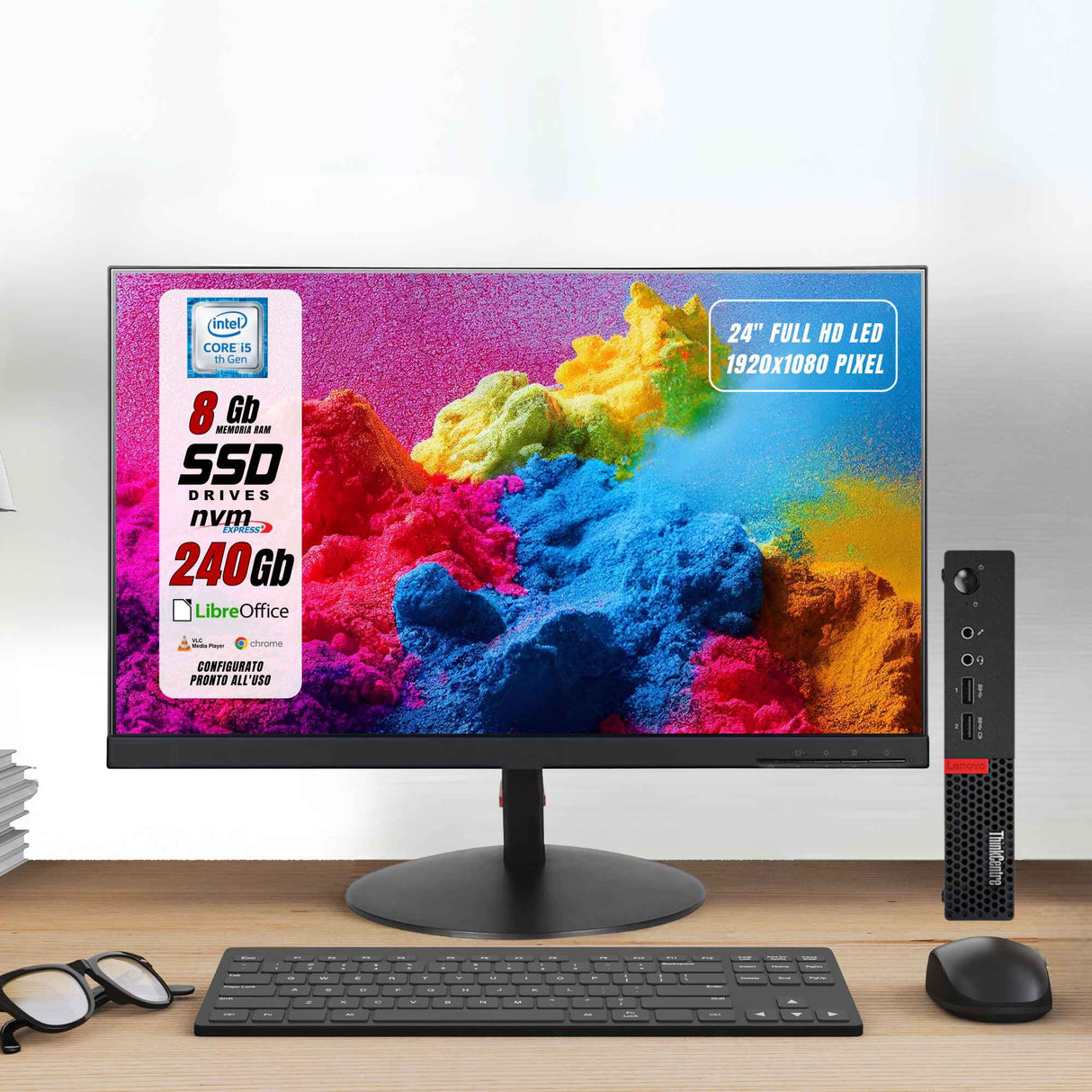 PC Computer Desktop Fisso Lenovo M710Q Intel i7-6700 Ram 8GB SSD 256GB , Monitor 24" Win 10 Pro + Mouse e tastiera