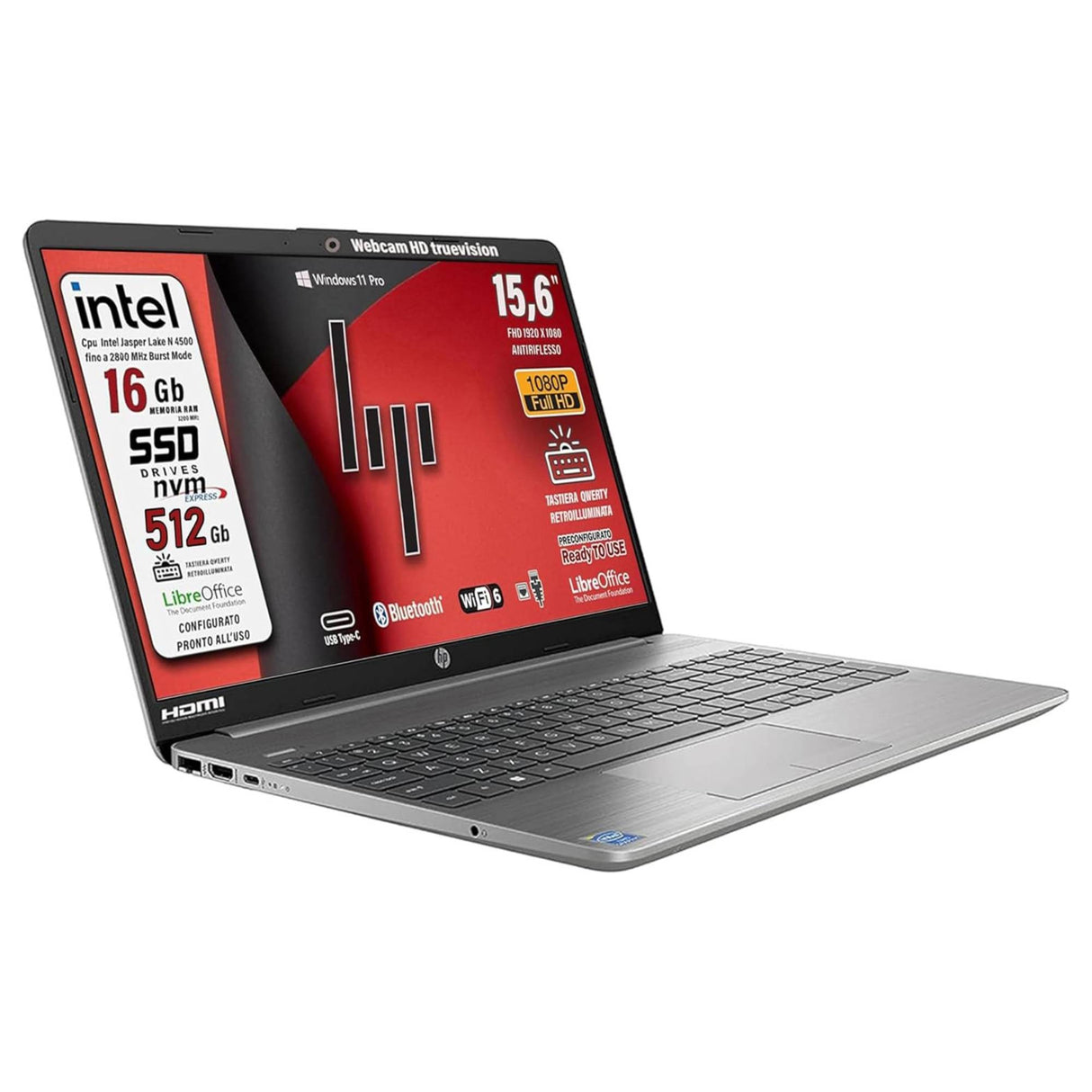Notebook Pc Portatile HP250 G9 N4500 15,6" Ram 16Gb SSD 512Gb  Win 11 Pro Silver