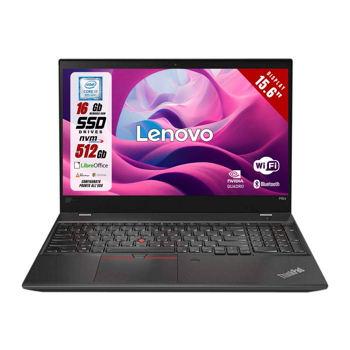 Notebook Pc Portatile Lenovo P52 15.6" I7-8750H 16Gb 512Gb P1000 Quadro W11 Libre ricondizionato