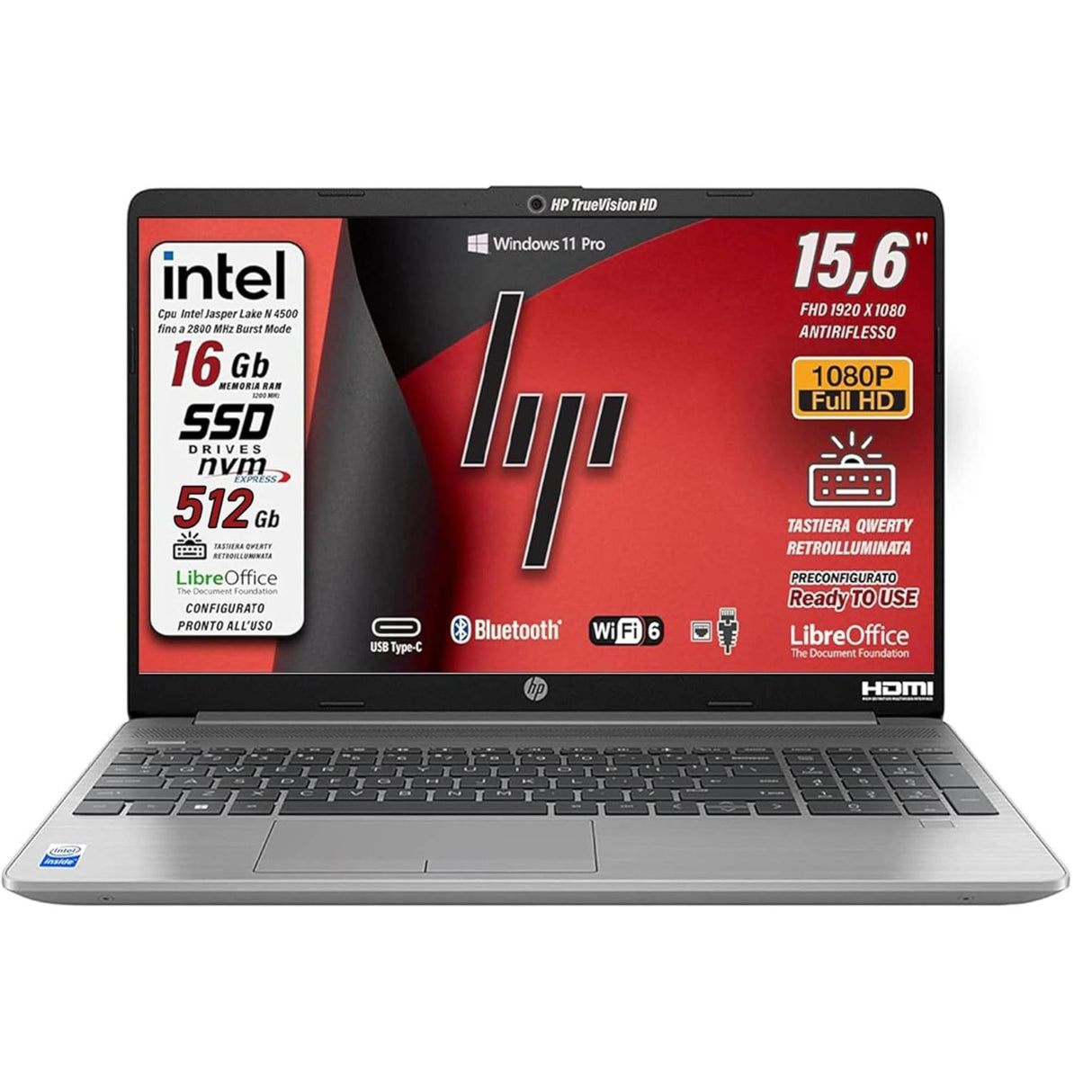 Notebook Pc Portatile HP250 G9 N4500 15,6" Ram 16Gb SSD 512Gb  Win 11 Pro Silver