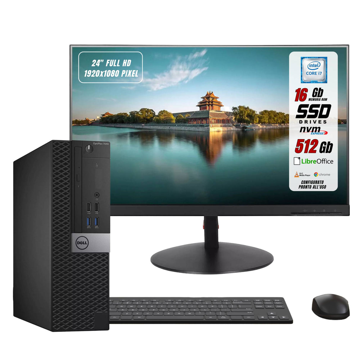 PC Computer Desktop Dell 7040 SFF i7-6700 Ram 16GB SSD 512GB Win 11 Pro Monitor 24" FHD + Mouse + Tastiera