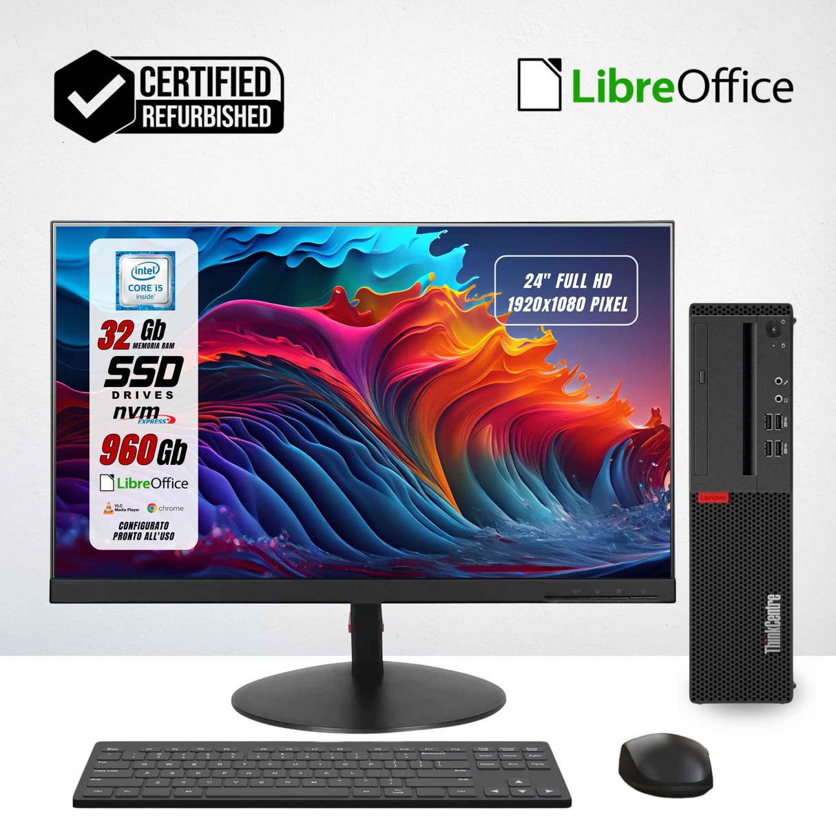 PC Computer Desktop Fisso Lenovo M910s SFF I5-6500 Ram 32Gb SSD 1000Gb + Monitor 24" FHD + Mouse +Tastiera