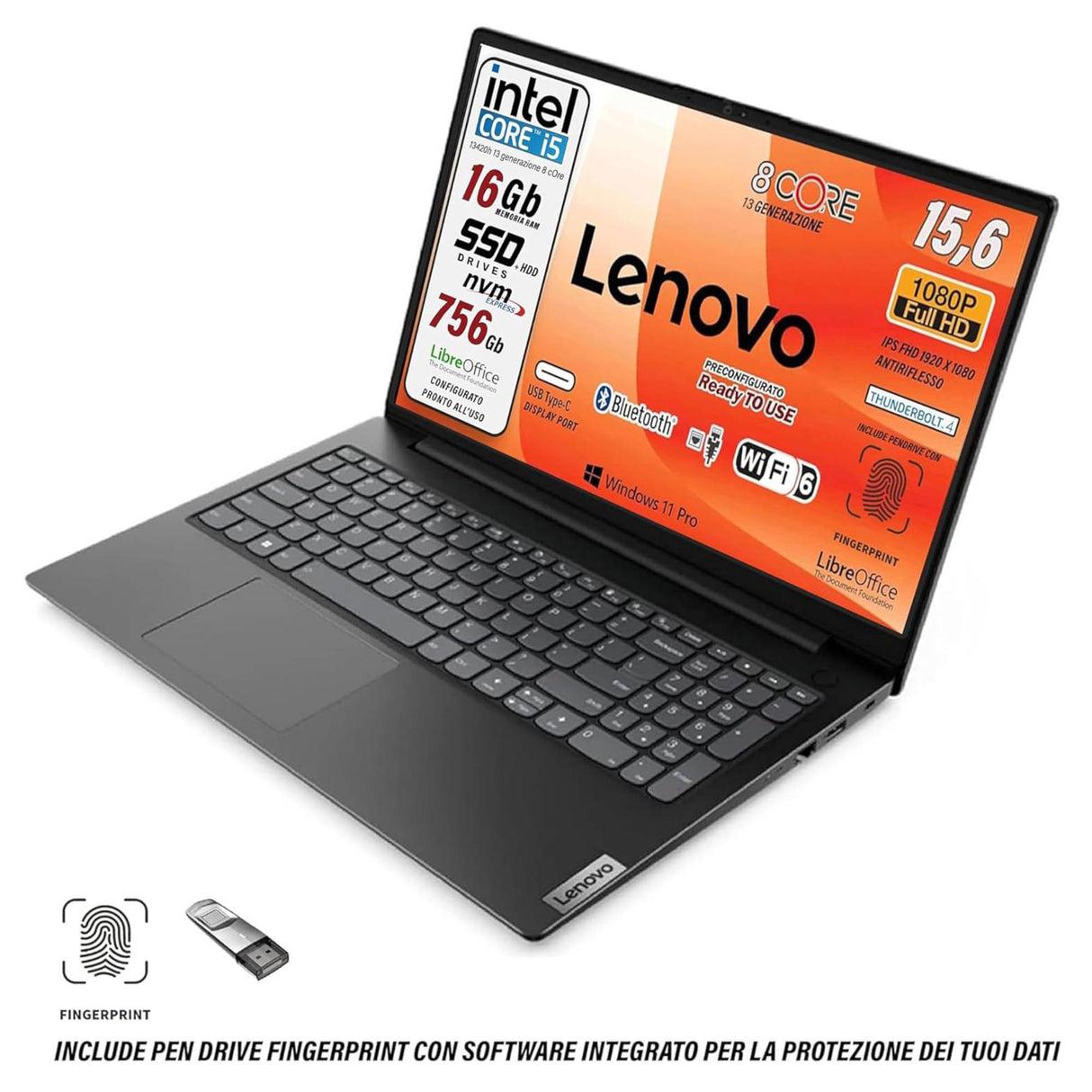 Notebook Pc Portatile  Lenovo i5-13420H 15,6" Ram 16Gb SSD 256Gb HDD 500Gb  Win 11 Pro