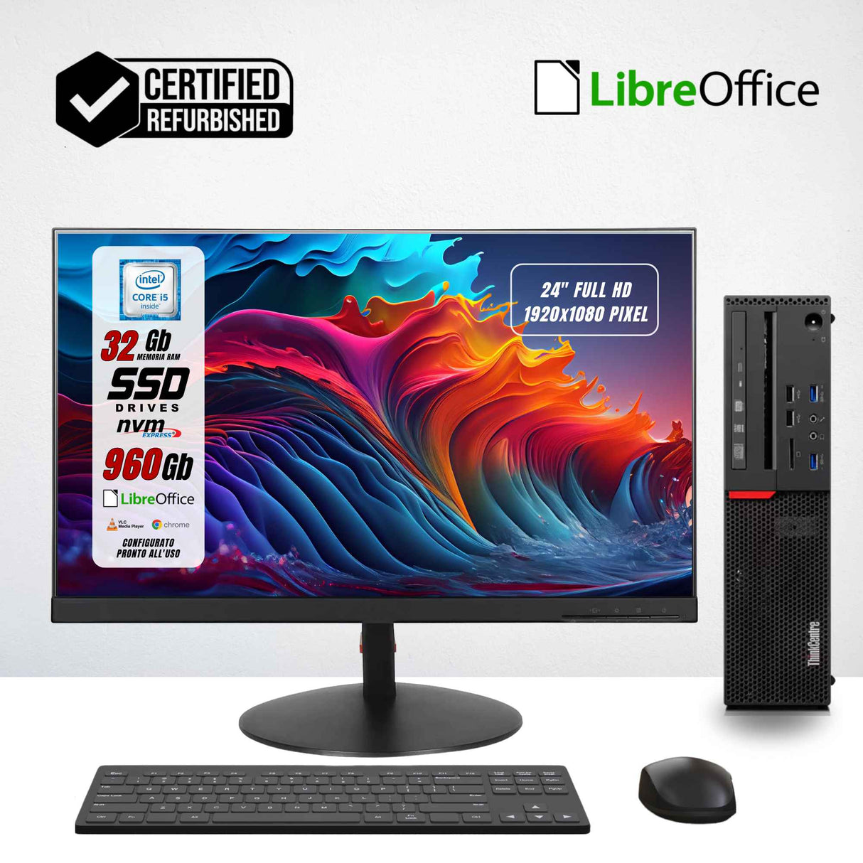 PC Computer Desktop Fisso Lenovo M800 SFF Core i5-6500 Ram 16GB SSD 512GB Win 10 Pro + Monitor 24" FHD + Mouse + Tastiera