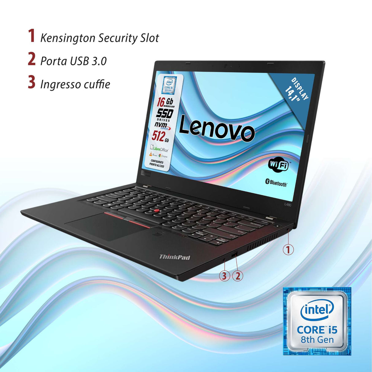 Notebook Pc Portatile Lenovo ThinkPad T480 i5-8250U 14,1" Ram 16GB 512GB SSD Win 10 Pro