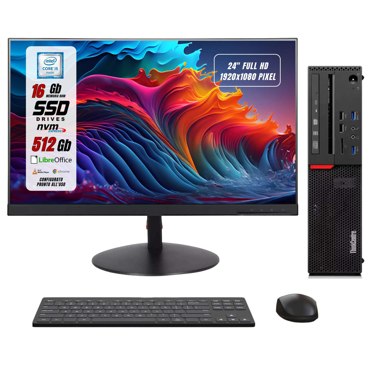 PC Computer Desktop Fisso Lenovo M800 SFF Core i5-6500 Ram 16GB SSD 512GB Win 10 Pro + Monitor 24" FHD + Mouse + Tastiera